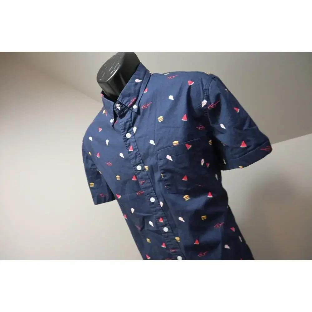 J Crew Flex Button Up Graphic Dress‎ Shirt Dark Blue Short Sleeve Mens Sz Large